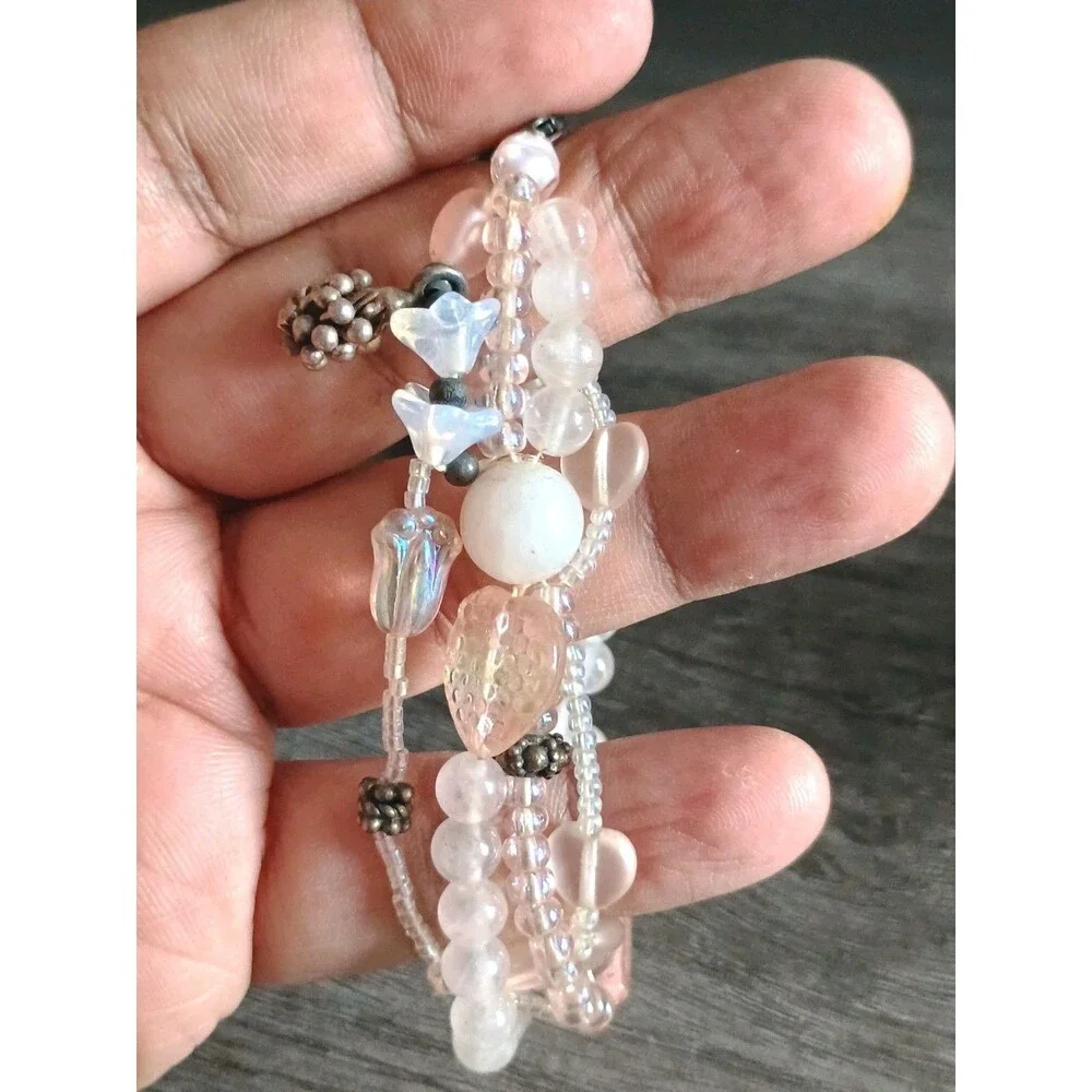 Rose Quartz Sterling Silver Glass Tulip Heart Bead Grape Charm Vintage Bracelet